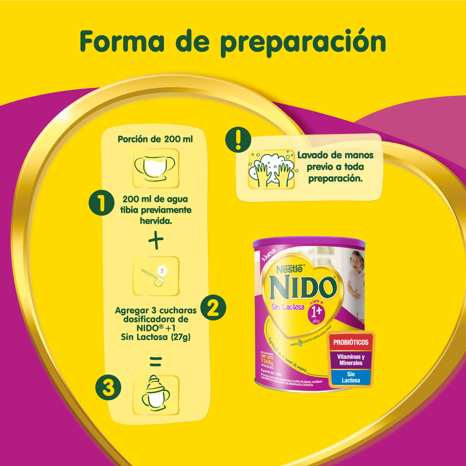 Modo de preparacion Fórmula Láctea NIDO® Etapa 1+ Sin Lactosa 1560g